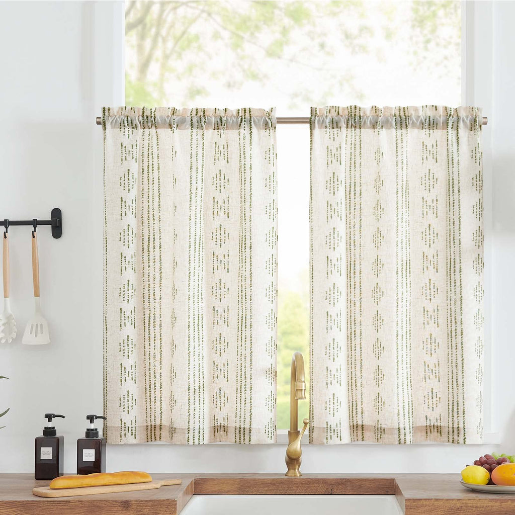 Jinchan Boho Kitchen Curtains Linen Tier Curtains 45 Inches Bohemian Small Cafe Curtains Striped Farmhouse Rustic Curtains For Bathroom Rv Camper Light Filtering Rod Pocket 2 Panels Green On Beige