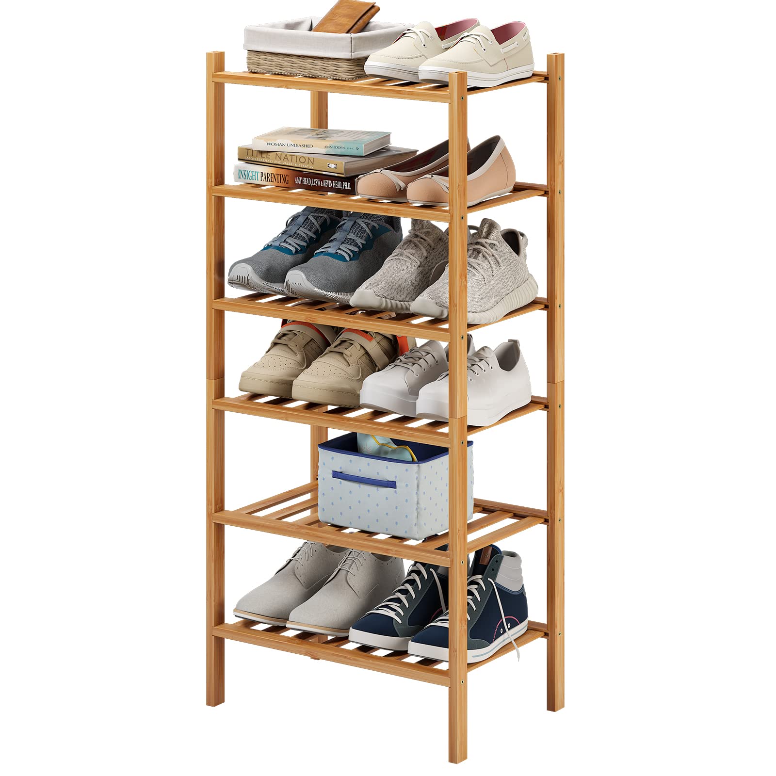 Furshus 6-Tier Small Shoe Rack for Entryway, Stackable | Heavy Duty | Multi-Function, Bamboo Free Standing Shoe Racks for Bedroo