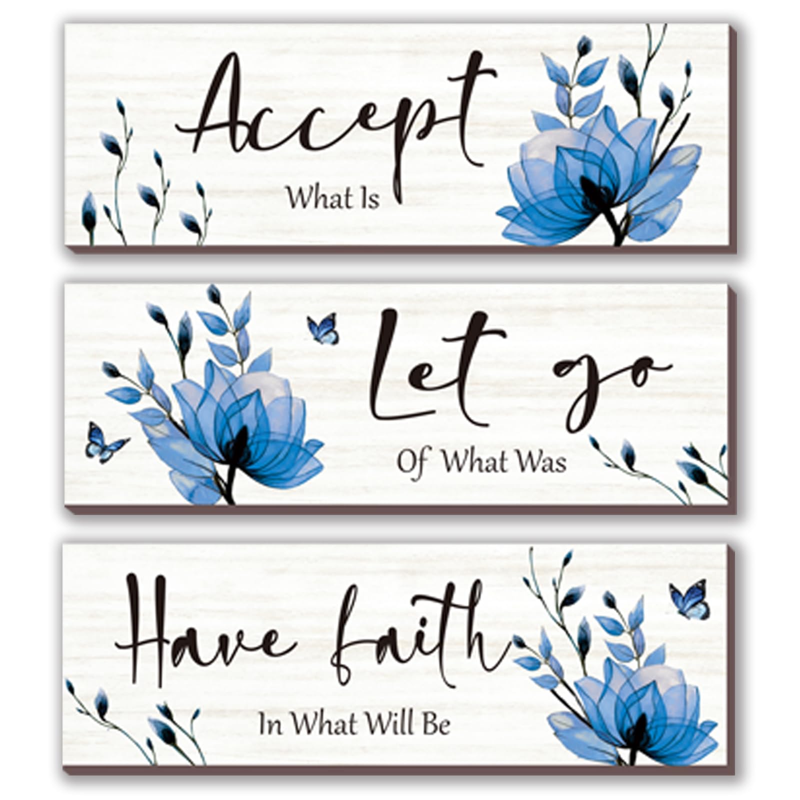 3 Pcs Blue Bathroom Decor Rustic Flower Wall Art Accept Let Go Have Faith Farmhouse Bedroom Wall Decor Wooden Inspirational Quot