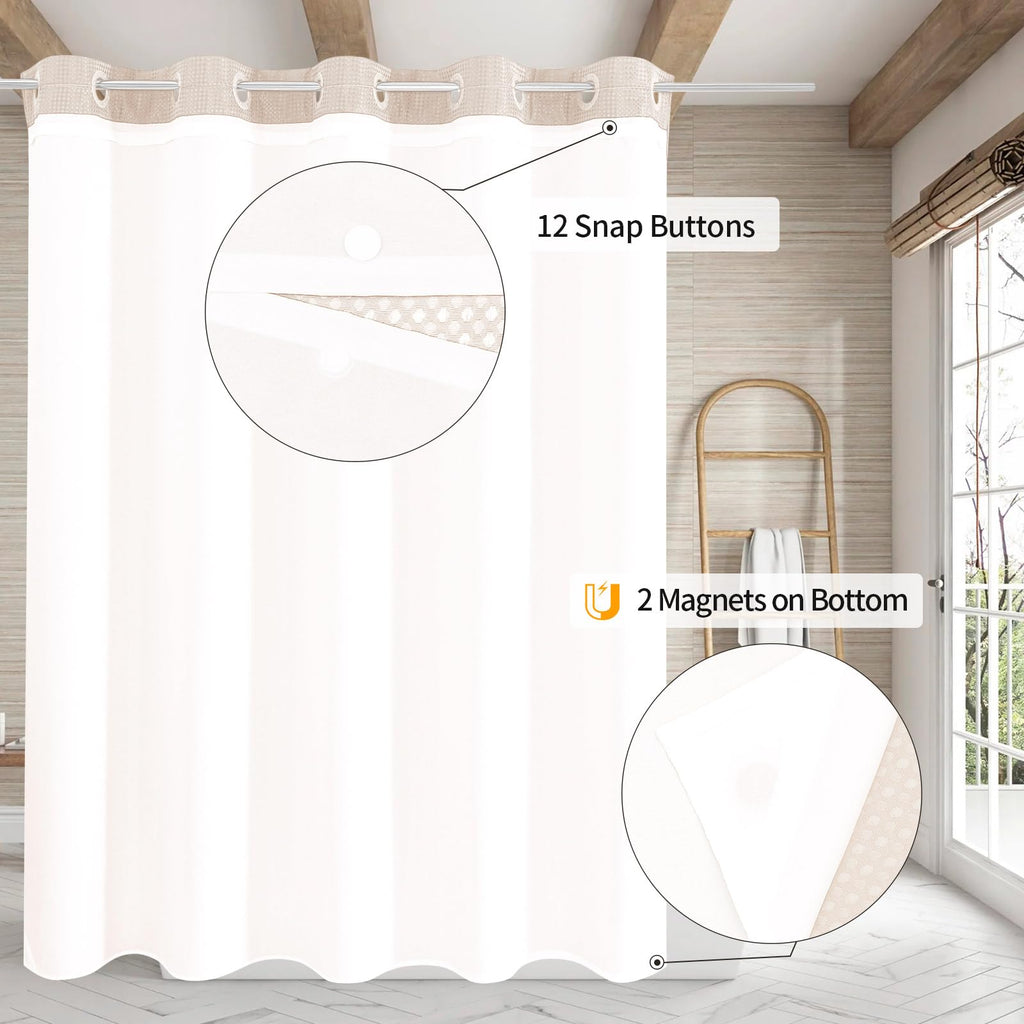 Mitovilla No Hooks Needed Pink Waffle Shower Curtain With Snap-In Liner, Modern Waffle Weave Heavy Duty Fabric Cloth Shower Curt
