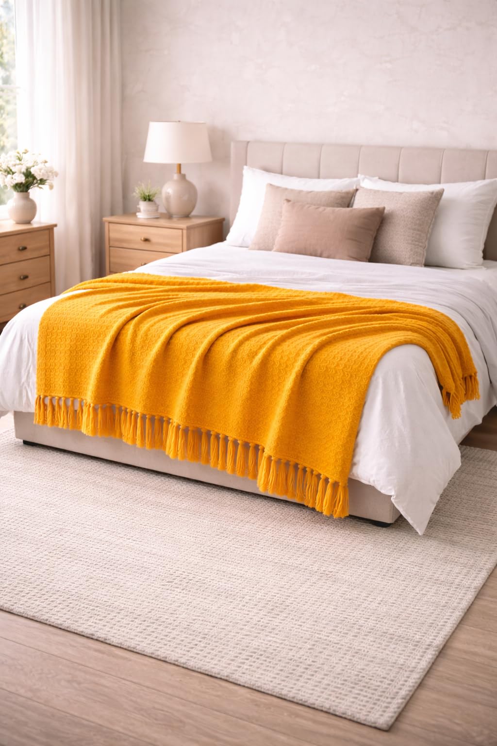 Tarantaran Decorative Throw Blanket with Fringe, Yellow, Soft Textured Sofa Throw for Bed and Couch