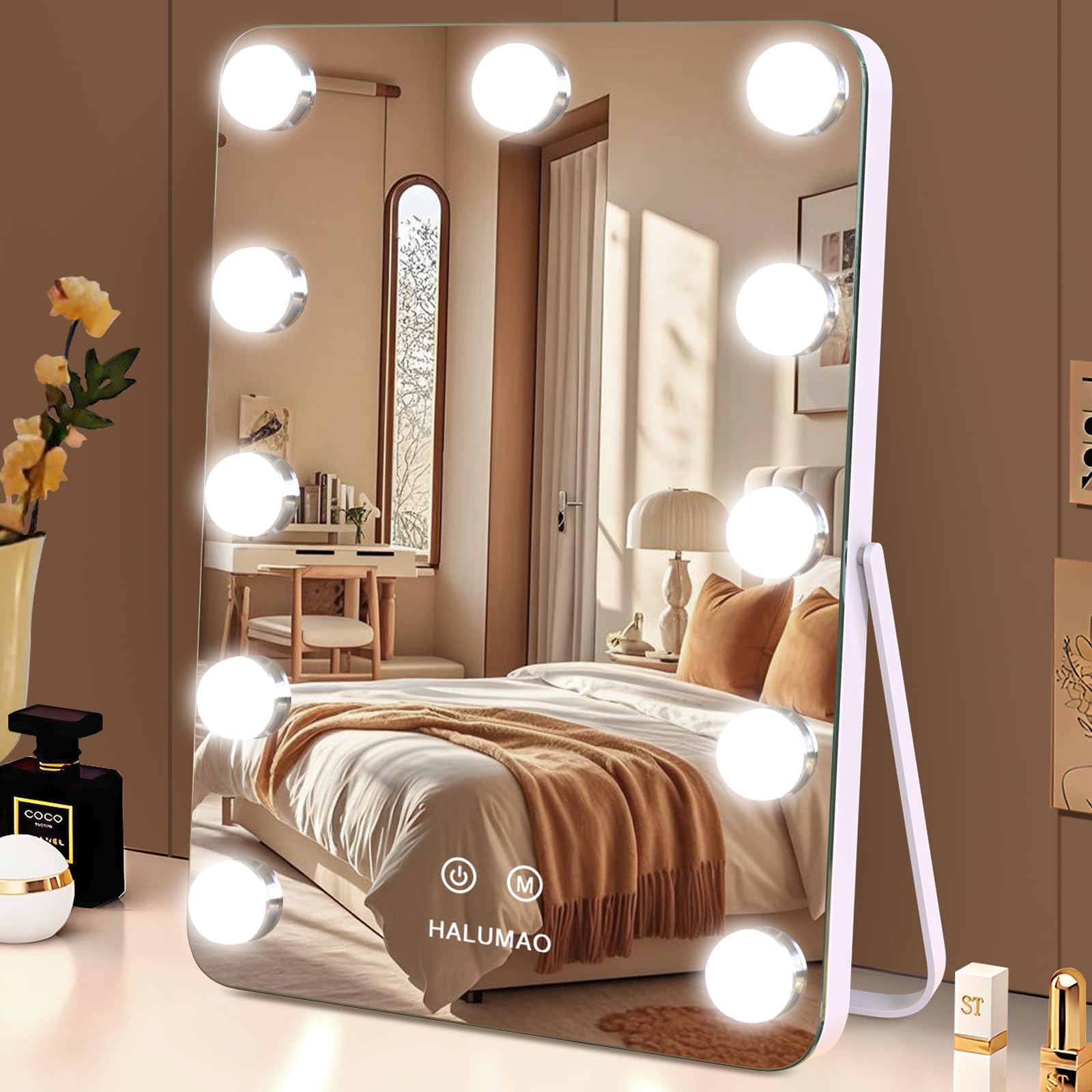 13.9 x 10.7 Vanity/Makeup Mirror with Lights, Hollywood Lighted Vanity Mirror with 11 Dimmable LED Bulbs,3 Color Modes,Touch Con