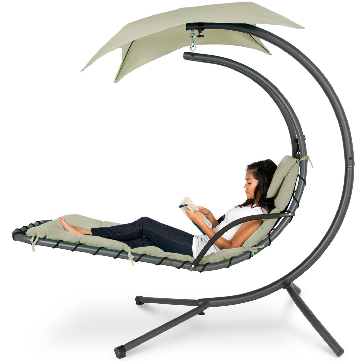 Best Choice Products Outdoor Hanging Curved Steel Chaise Lounge Chair Swing w/Built-in Pillow and Removable Canopy - Sage