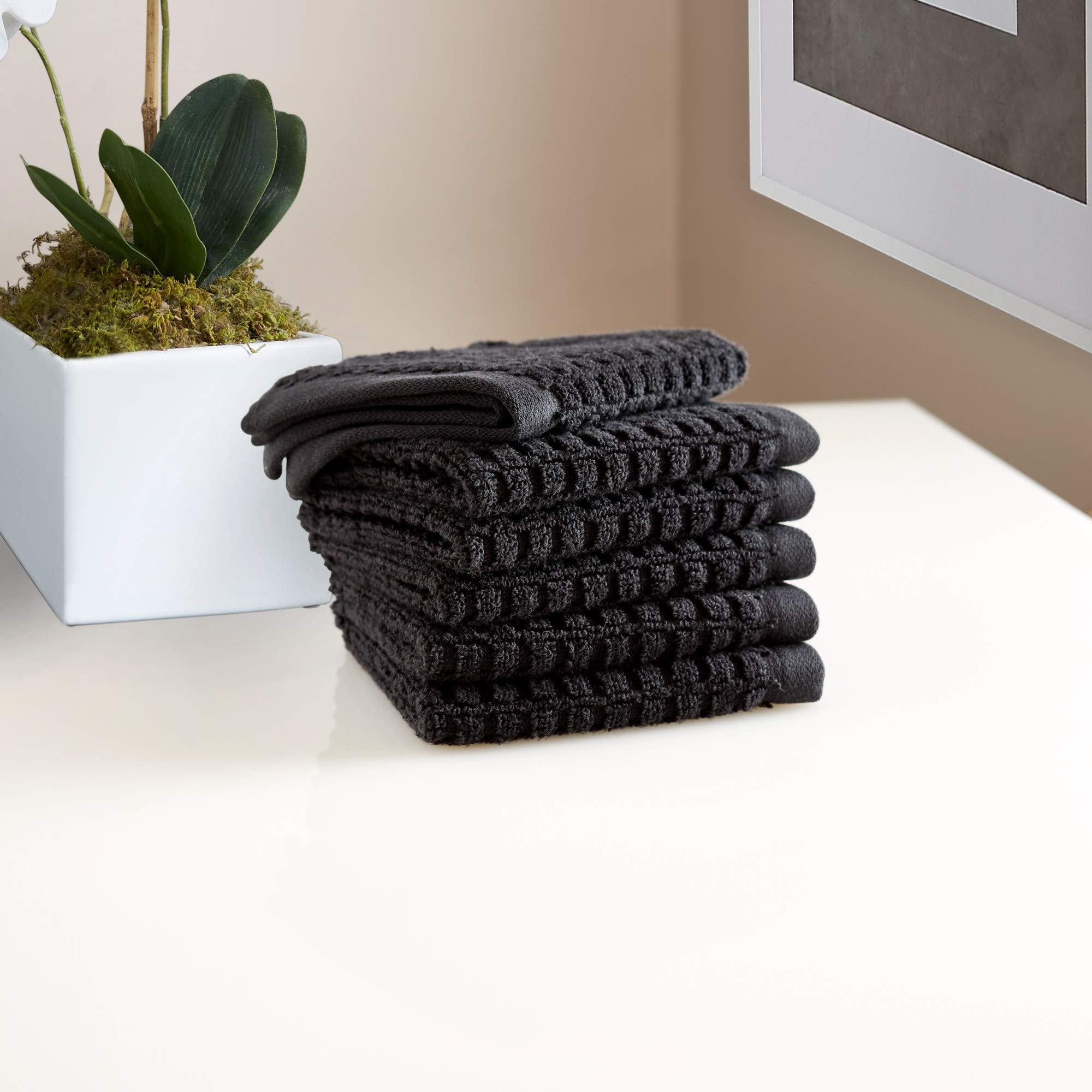 DKNY Quick Dry 100% Cotton Towels, 6 Pack Washcloths - 12 x12, Black