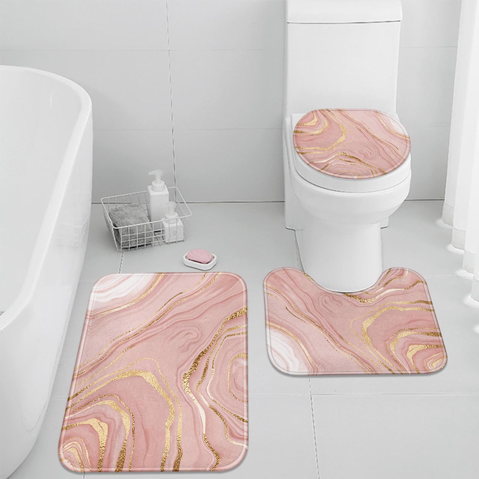 Britimes Pink Marble Bathroom Rug Set of 3, Gold Rose 3 Pieces Bath Mats Set for Bathroom, Vintage Style Peach Blush Non-Slip Wa