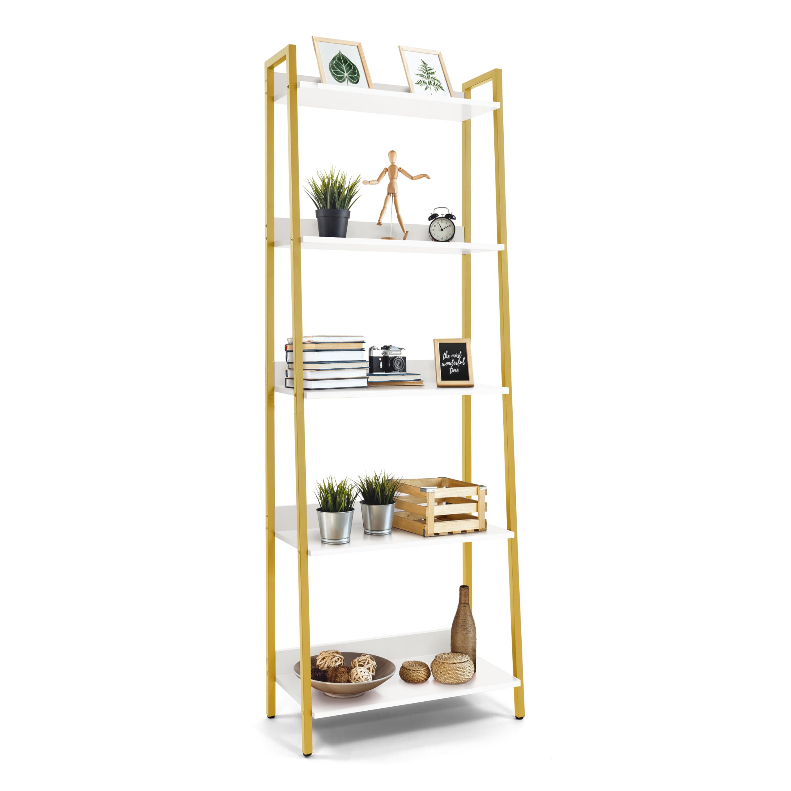 CAPHAUS 5 Tier Ladder Bookshelf, 24 Inch Width Free Standing Shelf, Bookcase Shelf Storage Rack Organizer, Industrial Book Shelv