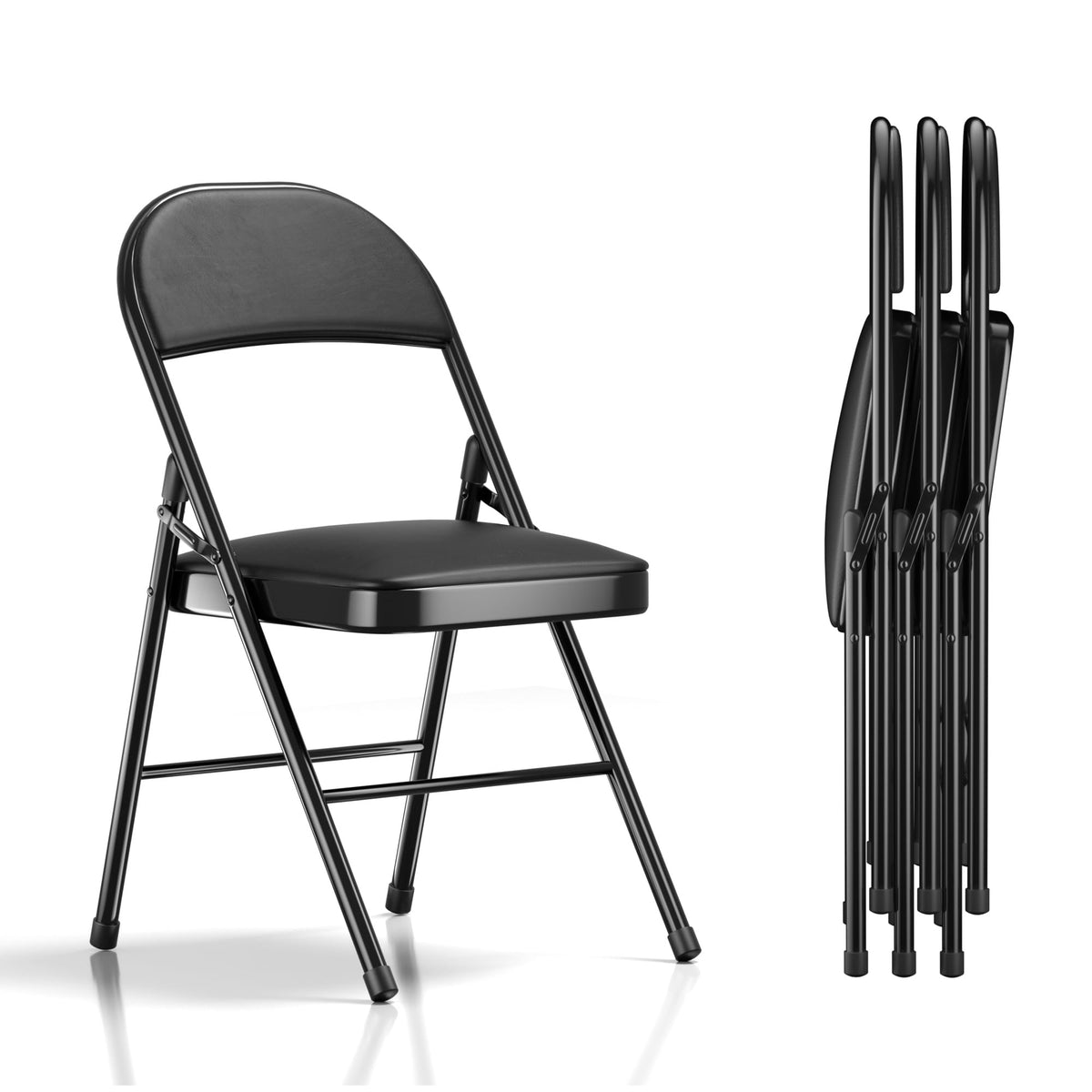 VECELO 4-Pack Folding Chairs Portable Metal with Ultra Soft PU Padded Cushion Seats for Home Office, Black, Square