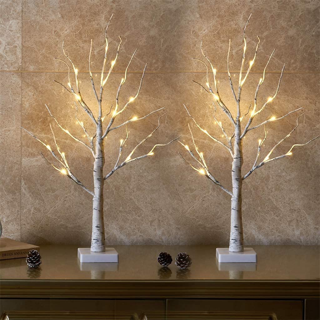 EAMBRITE Lighted Birch Tree for Christmas Decor, Table Decorations Indoor, 2Pack 24 LED Battery Operated/USB Tabletop Mini Artif
