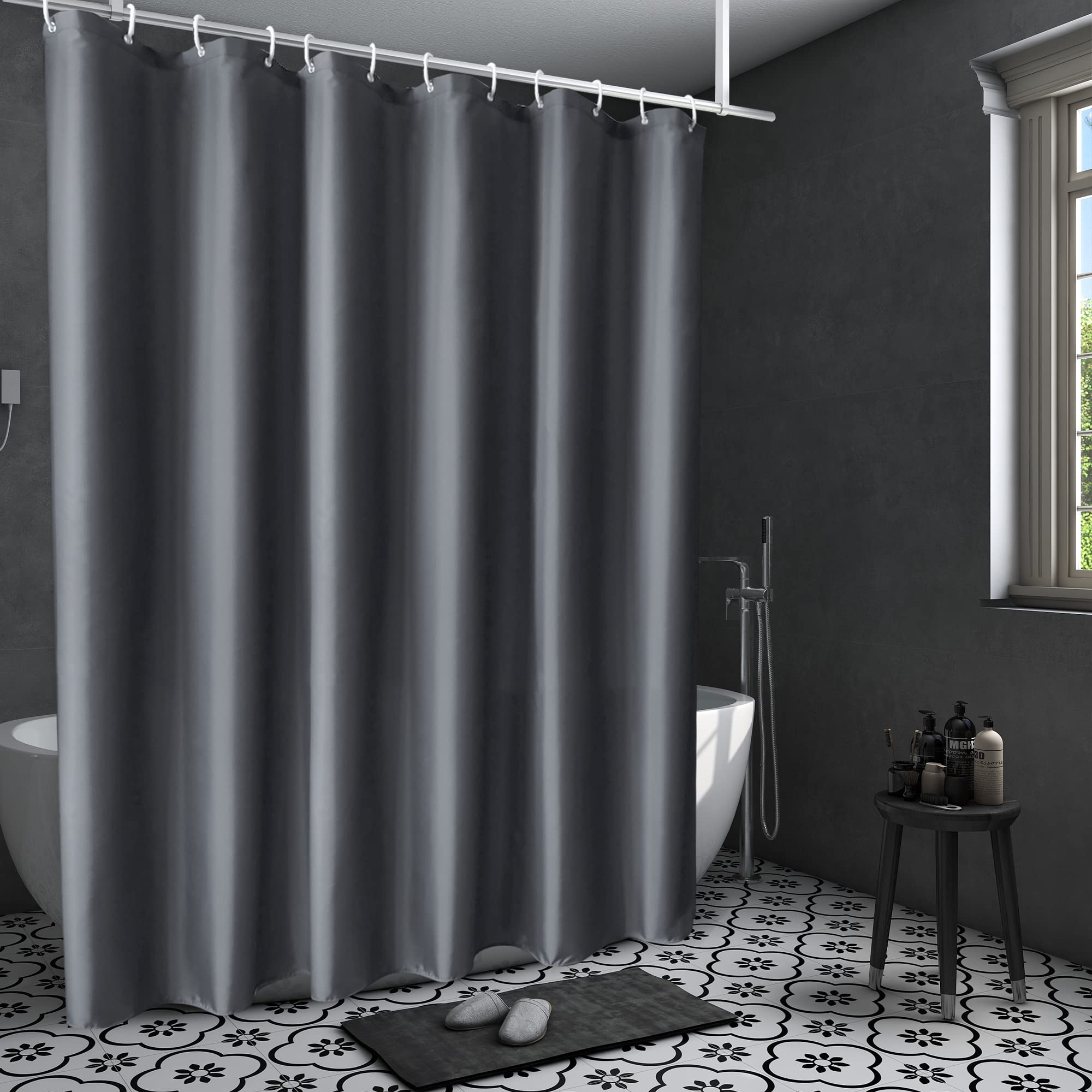 AooHome Standard Shower Liner, Solid Polyester Fabric Solid Shower Curtain Liner for Hotel with Hooks, Water Repellent, Weighted
