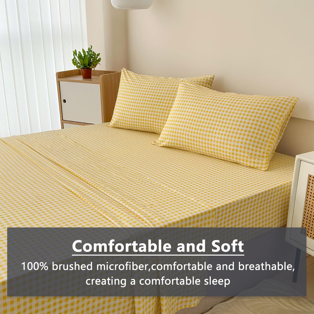 Nsnlgsgc Yellow Gingham Full Sheet Set, Soft Brushed Microfiber Plaid Full Bed Sheets, 4-Pieces Grid Sheet Set With Deep Pocket
