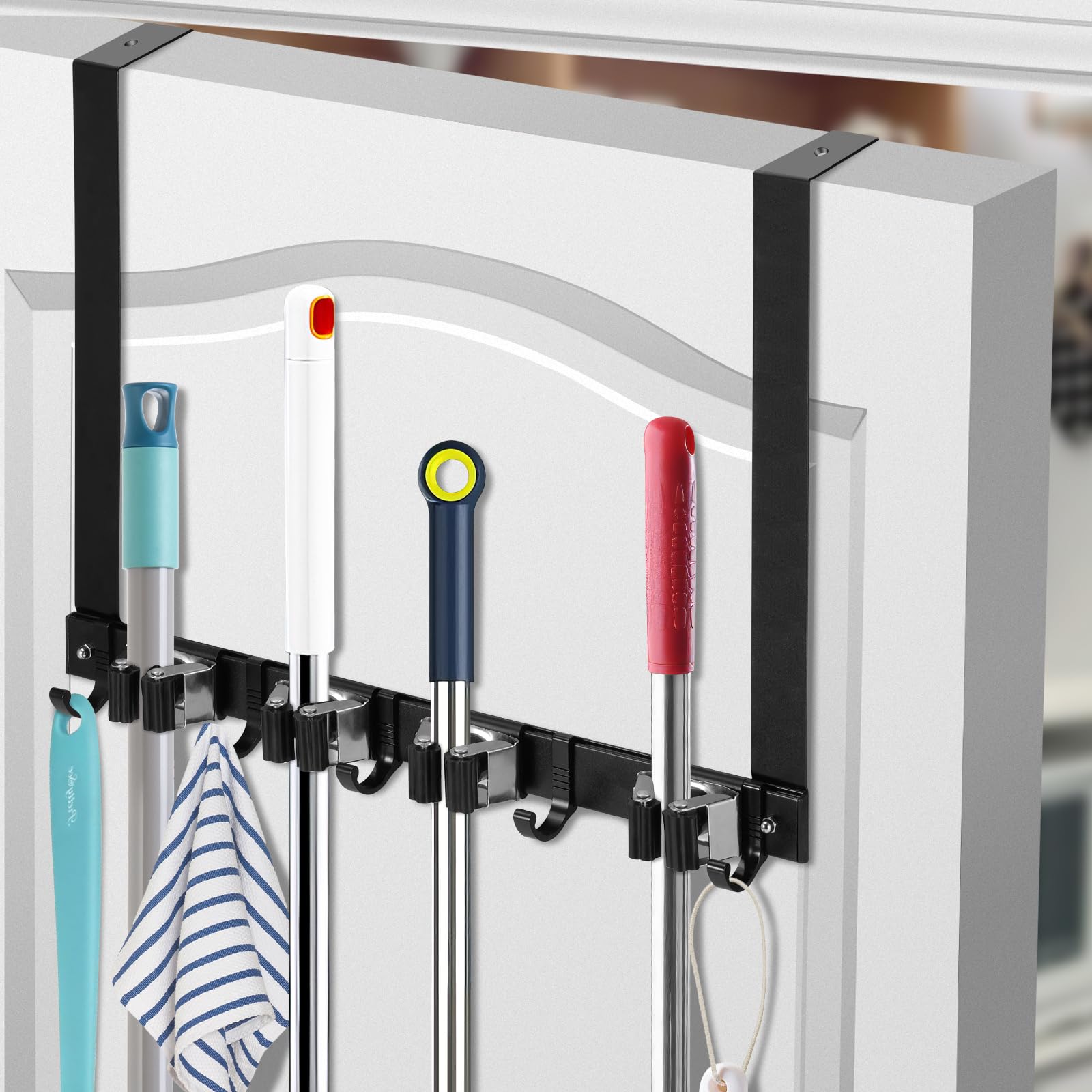 Over Door Broom And Mop Hanging Holder With Movable Sliding 4 Rack 5 Hook, Metal Mop And Broom Holder Wall Mount With 2 Over Doo