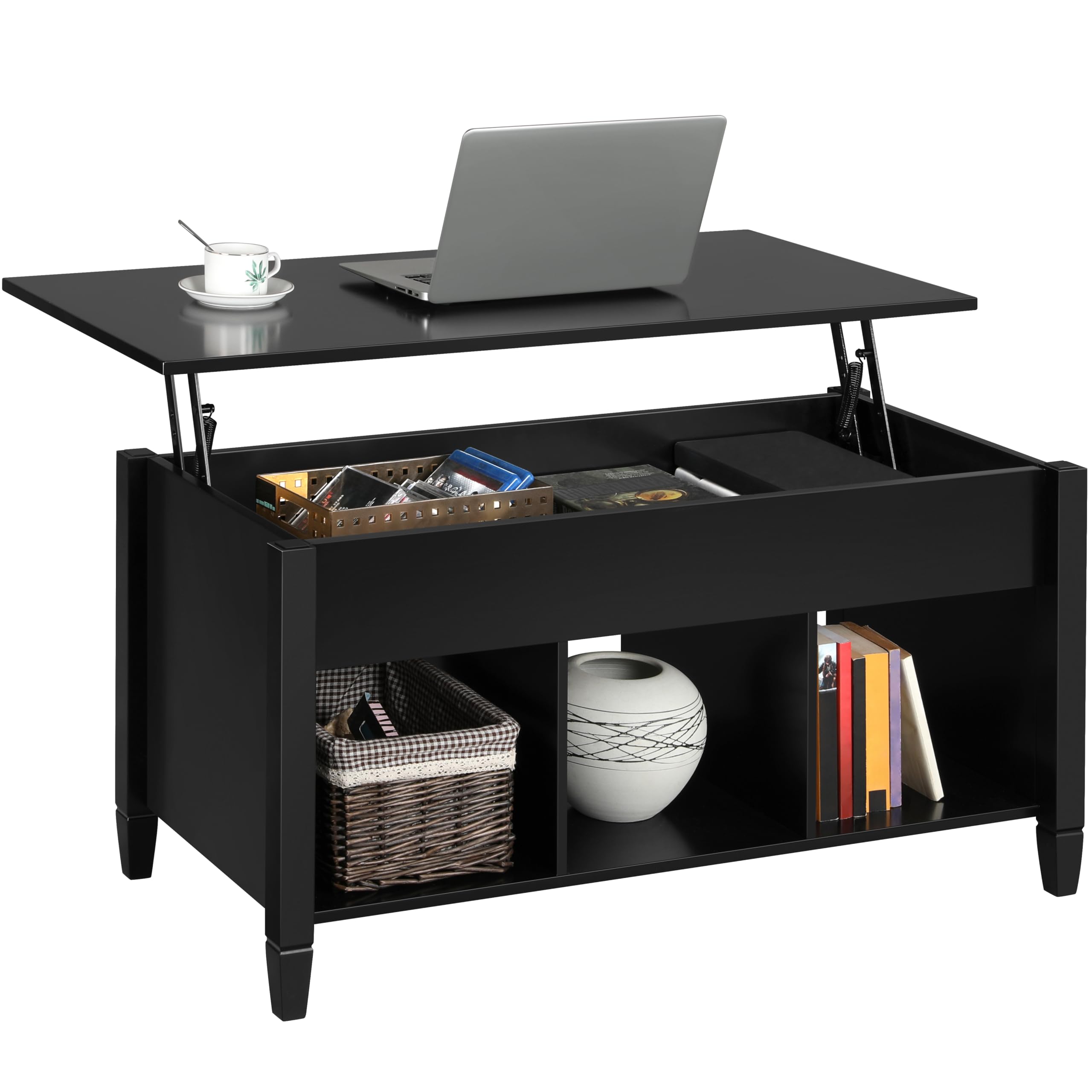 Yaheetech Coffee Table, Lift Top Coffee Table w/Hidden Storage Compartment & Lower 3 Cube Open Shelves, Lift Tabletop Coffee Tab