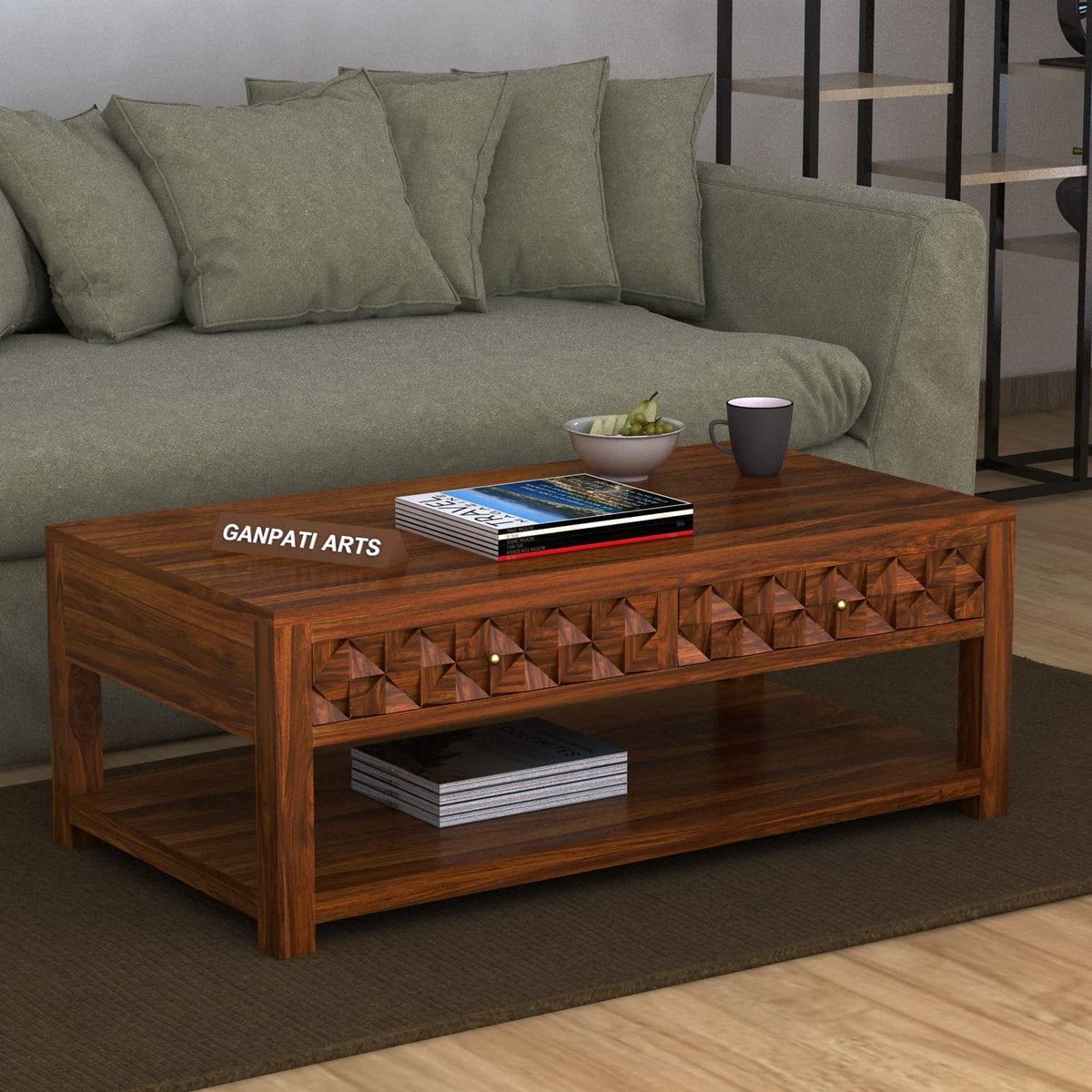 Ganpati Arts Solid Sheesham Wood Centre Coffee Table With 2 Drawer Storage For Living Room Wooden Teapoy For Home (Natural Finis
