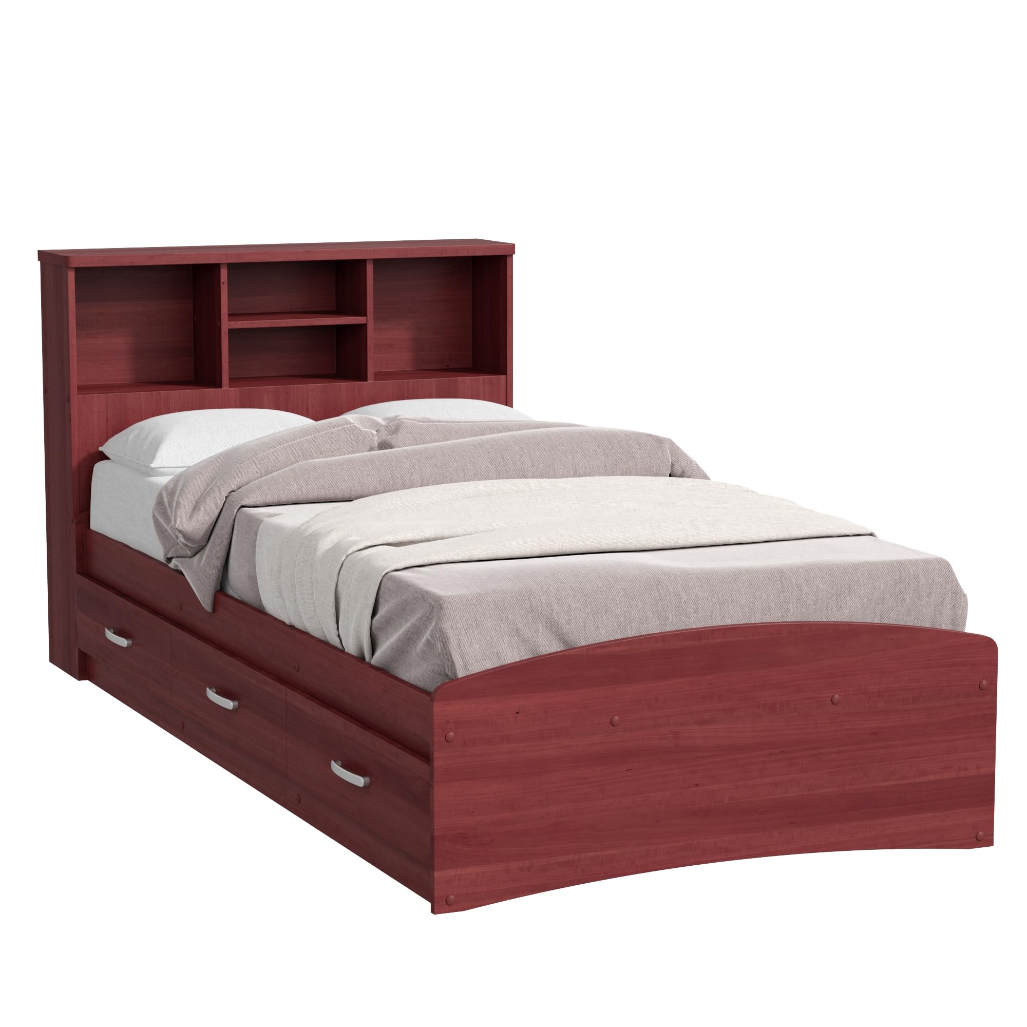 Bed with 3 Drawers and Bookcase Headboard (Mahogany, Twin)