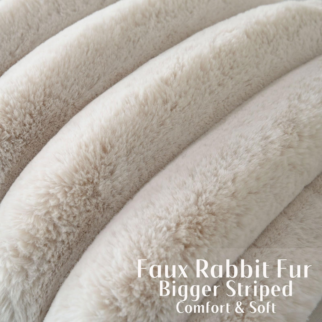 Futei Beige Decorative Throw Pillow Covers 16X16 Inch Set Of 2, Square Soft Faux Rabbit Fur Big Striped Cushion Cover,Home Decor