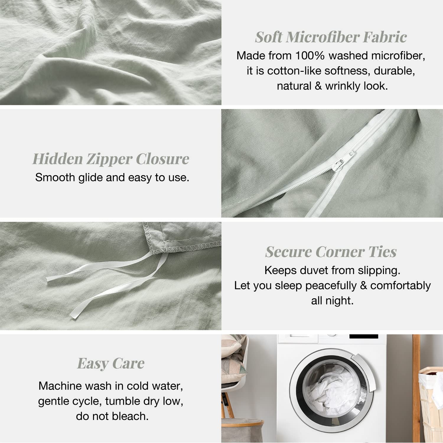 Mildly Super Soft Duvet Cover - 100% Washed Microfiber October Mist Sage Comforter Cover Set 3 Pieces With Zipper Closure & Corn