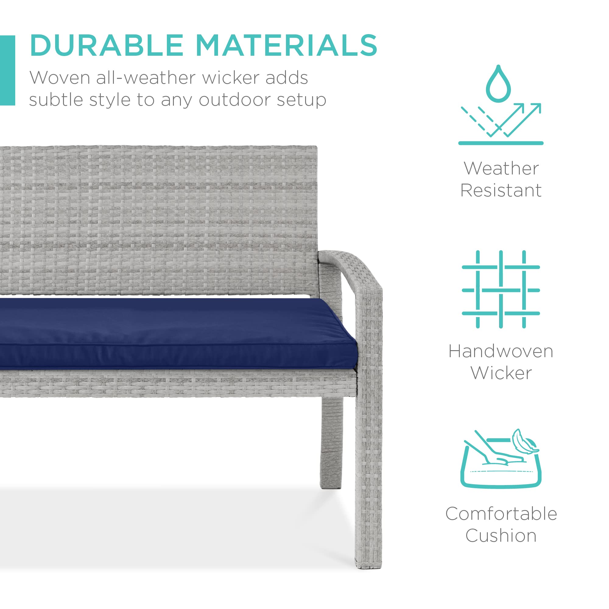 Best Choice Products Outdoor Bench 2-Person Wicker Garden Patio Benches Seating Furniture For Backyard, Porch W/Seat Cushion, 700Lb Capacity - Gray/Navy