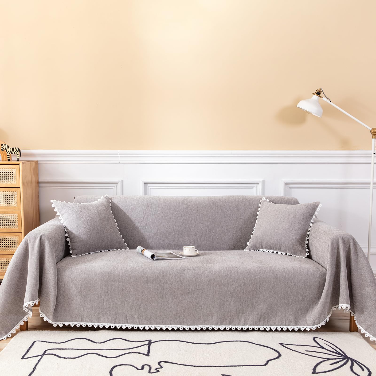 Handontime Couch Cover For Dogs Grey Sectional Couch Covers For 3 Cushion Couch Sofa Flower Lace Sofa Covers Machine Washable Easy Install Futon L Shaped Couch Cushion Covers For Cat Kids, 71' X134'