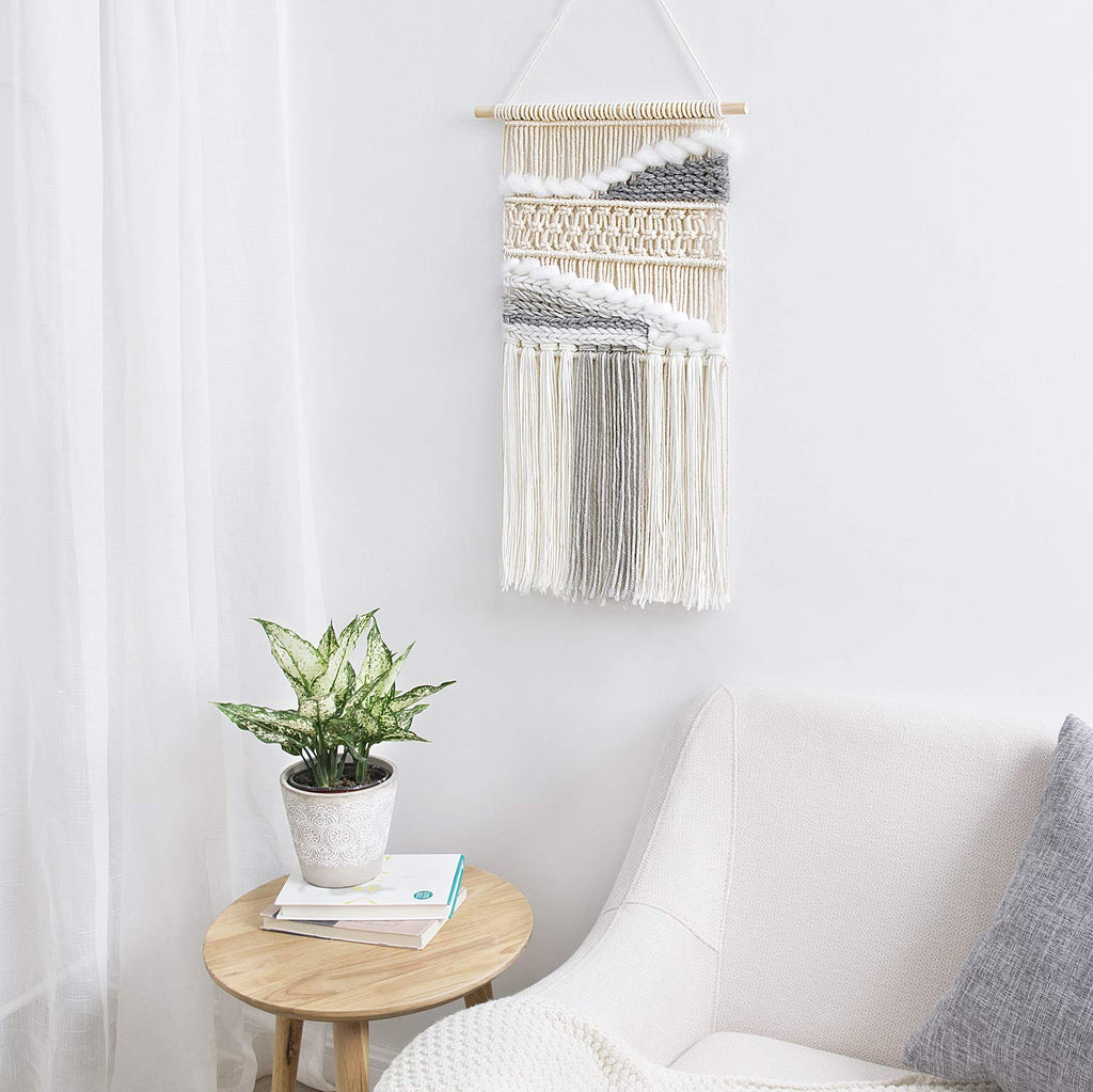Mkono Macrame Wall Hanging Woven Boho Decor Gray Yarn Fringe Tassel Handmade Home Decoration For Bedroom Living Room Dorm Nurser