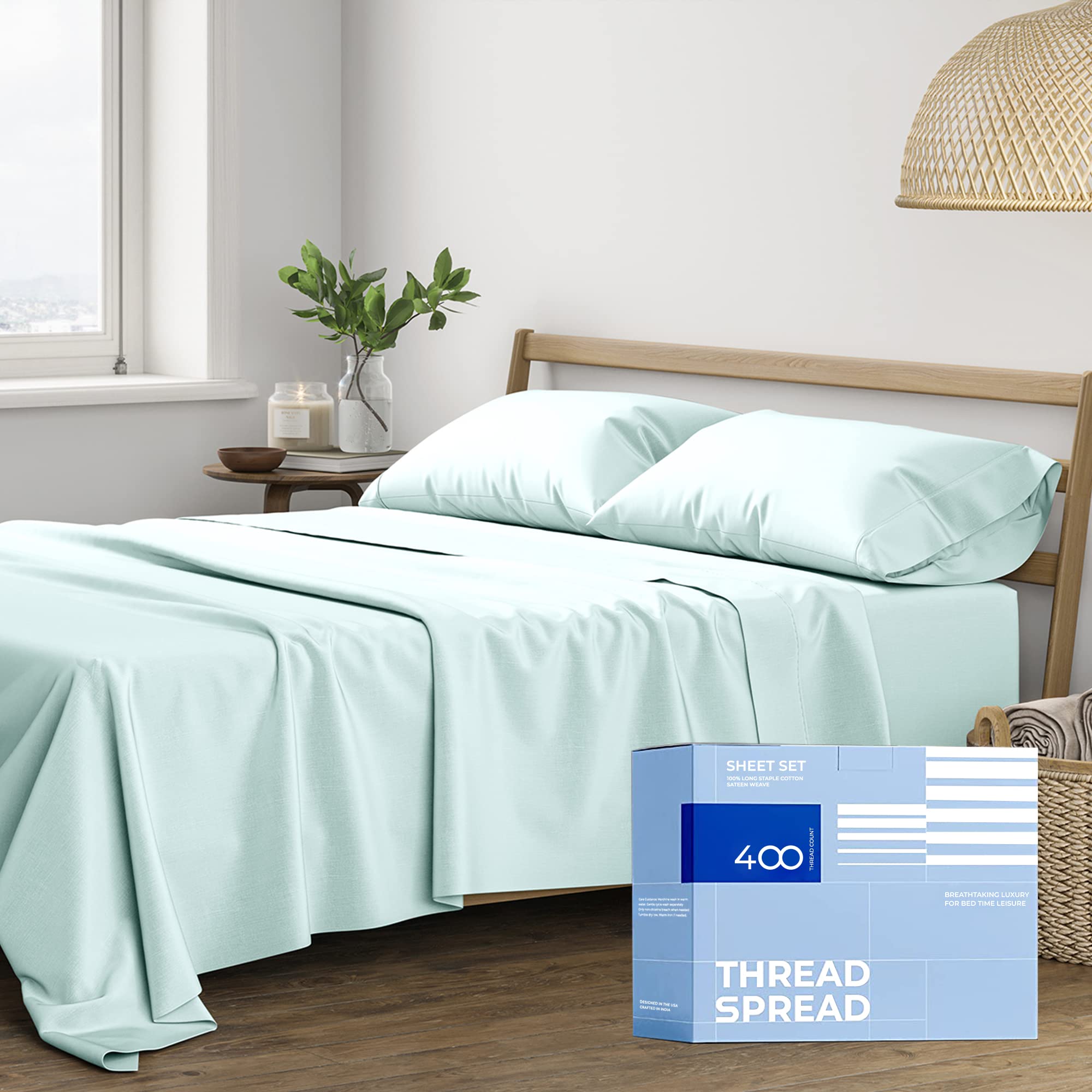Thread Spread Twin Xl Sheets - 400 Thread Count 3 Pc Xl Twin Sheet, 100% Cotton Twin Xl Sheet Sets, Extra Long Twin Sheets For Dorm Room, Soft, Cooling & Luxury Sateen Sheets, Cotton Sheets (Sea Foam)