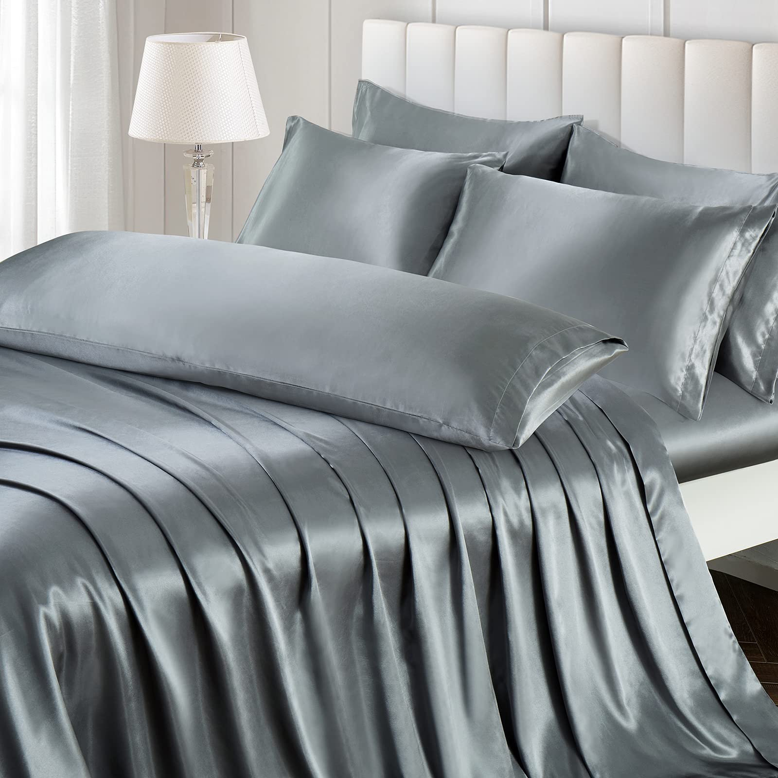 Ersmak 7 Pieces Satin Sheets Set King Size, Luxury Silky Grey Satin Bed Sheets Set with 1 Deep Pocket Fitted Sheet, 1 Soft Flat 