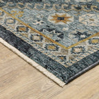 HomeRoots 508091 6 x 9 ft. Blue Gold Ivory & Navy Oriental Power Loom Stain Resistant Rectangle Area Rug with Fringe