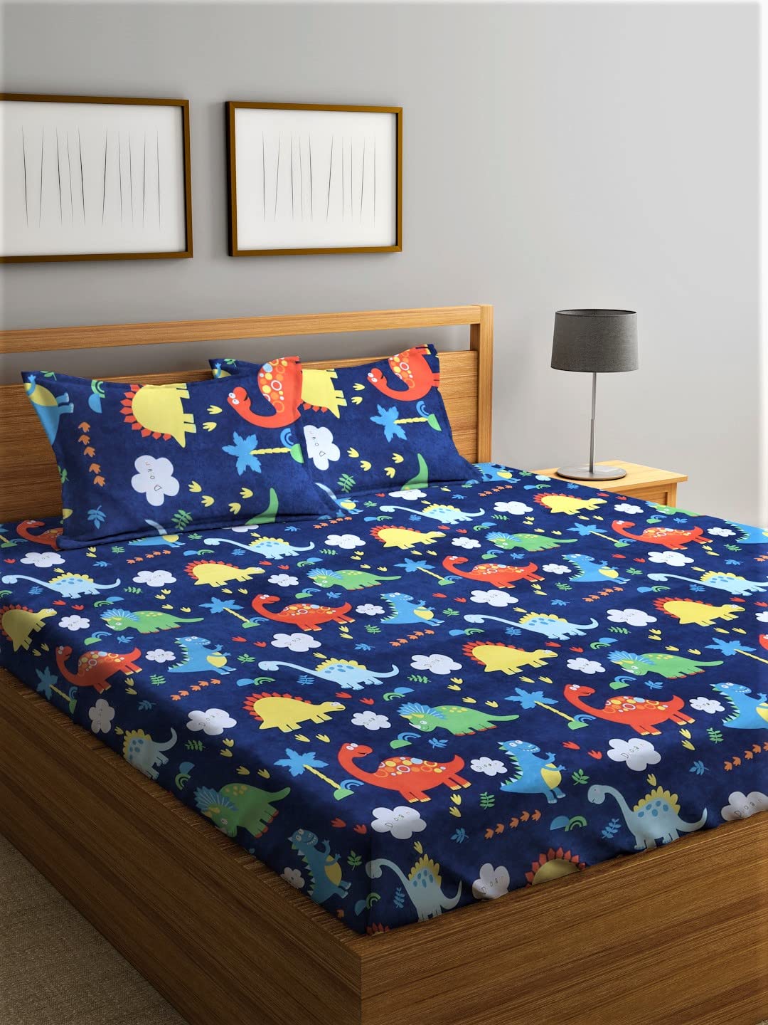 Home Sizzler 144 Tc Microfibre KidS Jungle Blue Double Bedsheet With 2 King Size Pillow Covers