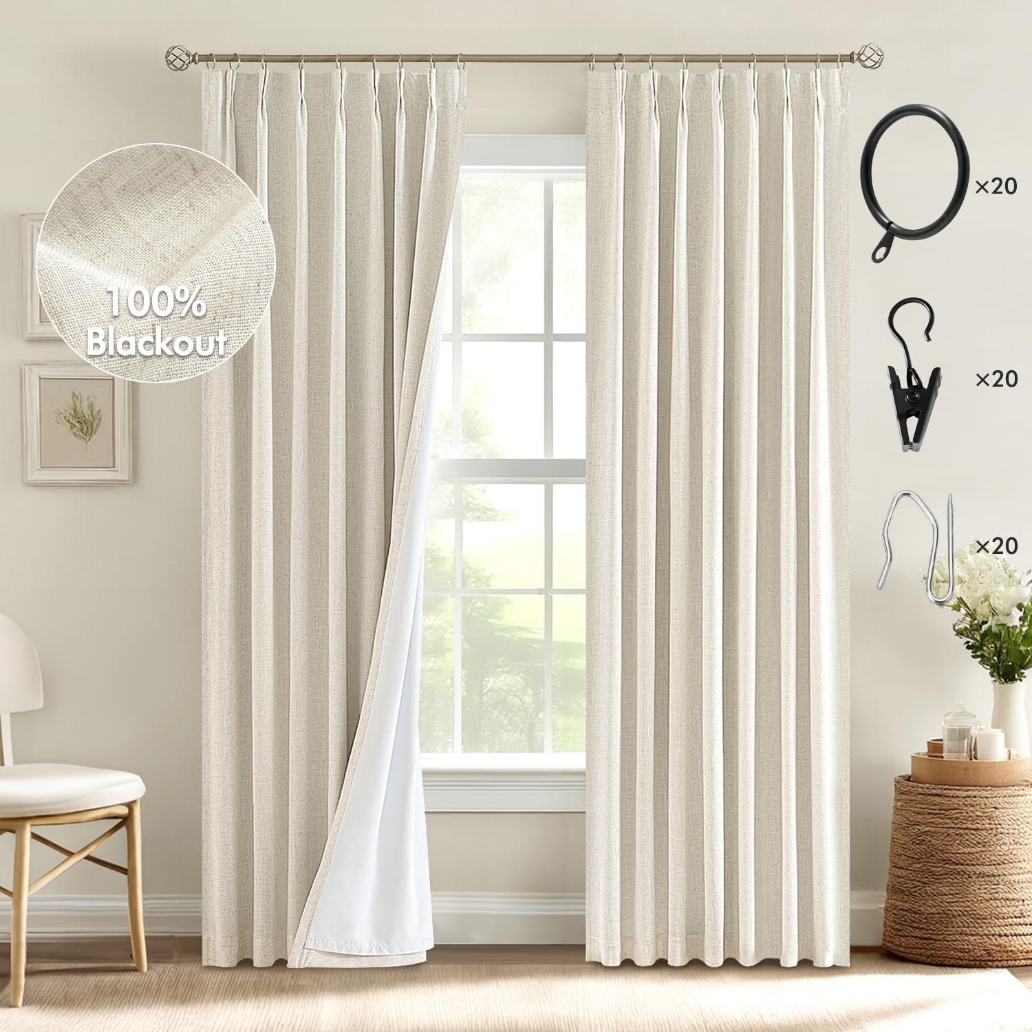 Miulee Tan Beige Pinch Pleated 100% Blackout Linen Curtains For Bedroom, Room Darkening Light Blocking Window Curtains 84 Inches