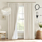 MIULEE Tan Beige Pinch Pleated 100% Blackout Linen Curtains for Bedroom, Room Darkening Light Blocking Window Curtains 63 inches