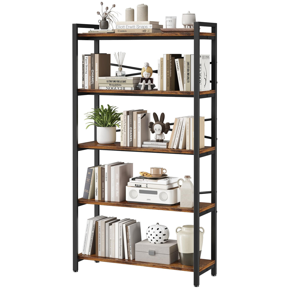 5 Tier Bookshelf 31.49'' Width, Book Organizers And Storage, Wood And Metal Tall Bookcase, Rustic Book Shelf Organization And St