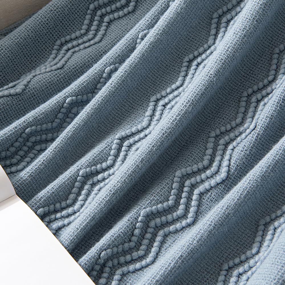Miulee Dusty Blue Knitted Throw Blanket For Couch Textured Knit Blanket With Tassels Cozy Woven Boho Bed Blanket For Sofa Bed Chair Acrylic Wave Pattern 50'X60'