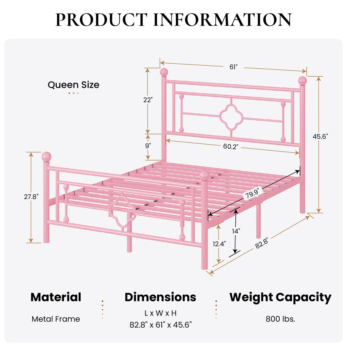 Sha Cerlin 14 Inches Queen Size Metal Platform Bed Frame/Vintage Iron-Art Headboard And Footboard/Mattress Foundation For Storage/No Box Spring Needed/Noise-Free/Easy Assembly/Pink