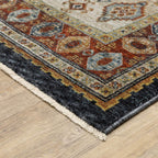 HomeRoots 508043 8 x 11 ft. Blue Red Beige Orange Gold & Tan Oriental Power Loom Stain Resistant Rectangle Area Rug with Fringe