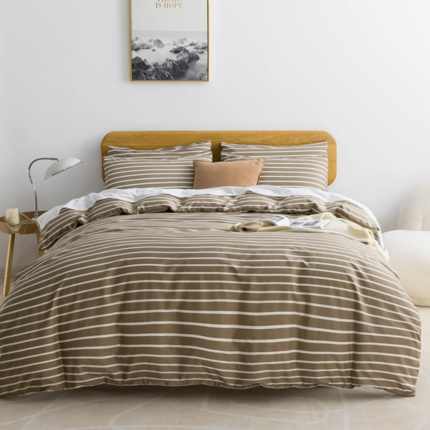 Jellymoni Full Duvet Cover Set, Cotton Duvet Cover 3 Pieces With Zipper Closure, 1 Duvet Cover And 2 Pillowcases(Khaki With Whit