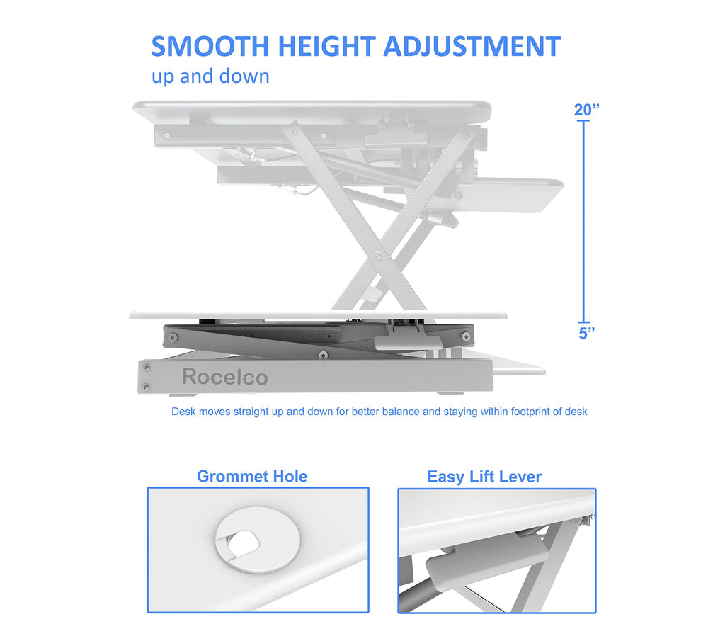 Rocelco 46" Large Height Adjustable Standing Desk Converter with Double Monitor Mount BUNDLE - Quick Sit Stand Up Computer Workstation Riser - Retractable Keyboard Tray - White (R DADRW-46-DM2)