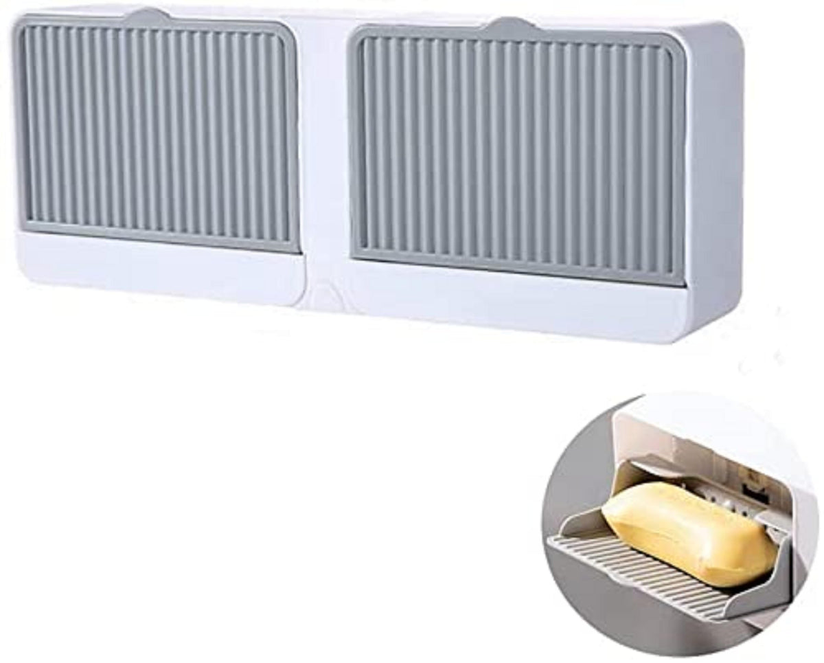 Barhary Double Bar Soap Dish With Drainage Box | Soap Holder For Bathroom Nodrilling Soap Box Wallmounted With Cover Double Gr