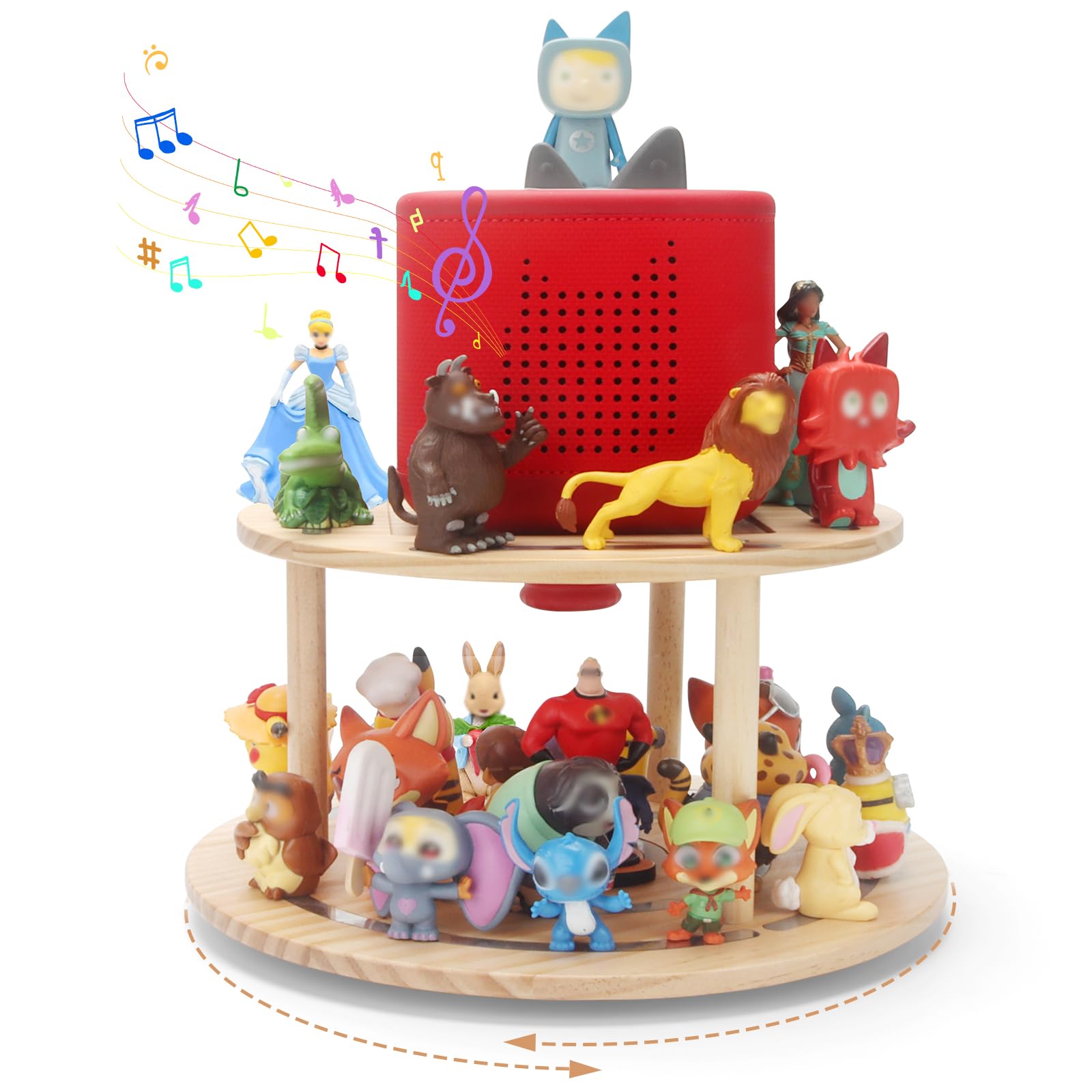 RZYLKA 360 Rotating Storage Shelf for Toniebox1/2, 2-Tier Organizer Holder for 20~30 Tonies Figures, Wooden Magnetic Stand Displ