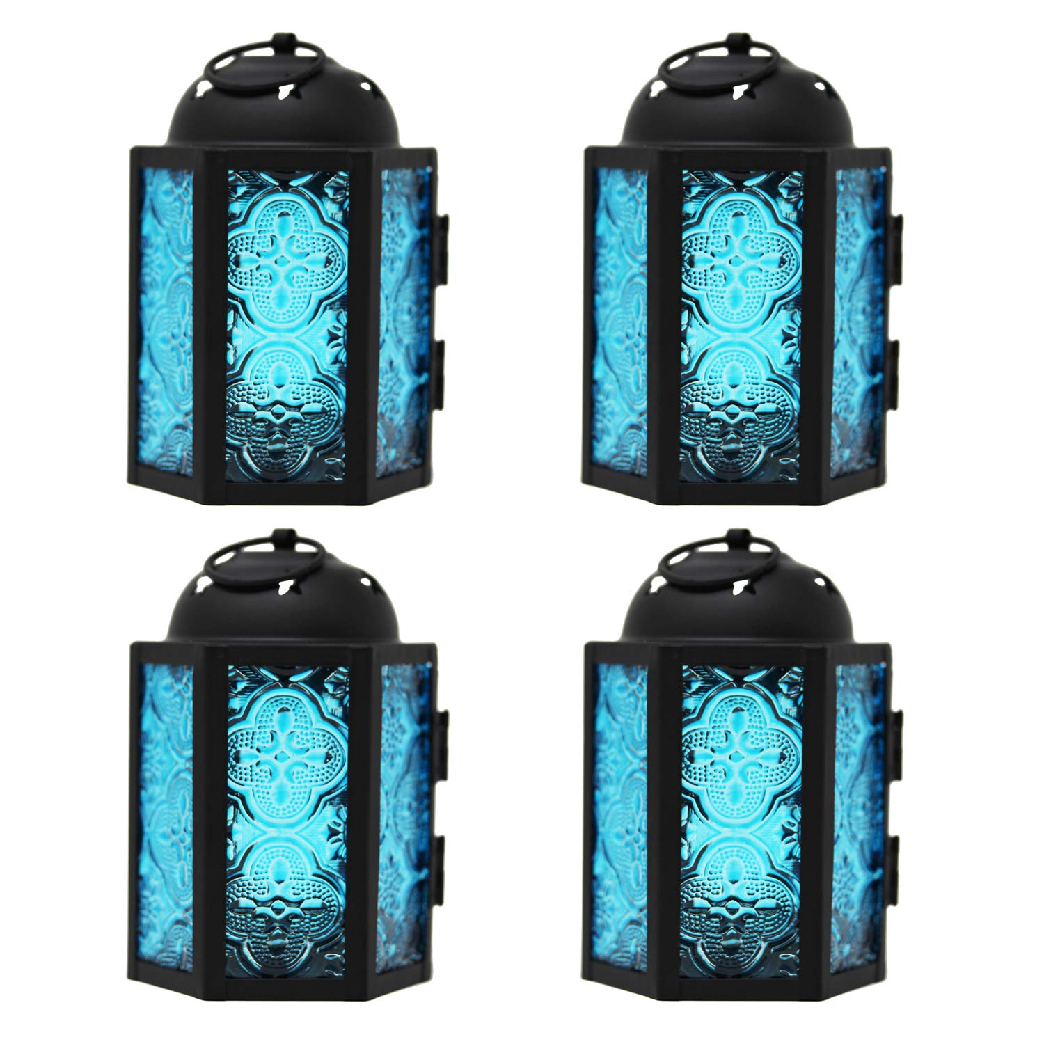Vela Lanterns Mini Small Decorative Moroccan Candle Lantern Holders, for Home Decor, Patio, Weddings, Blue, 4pk
