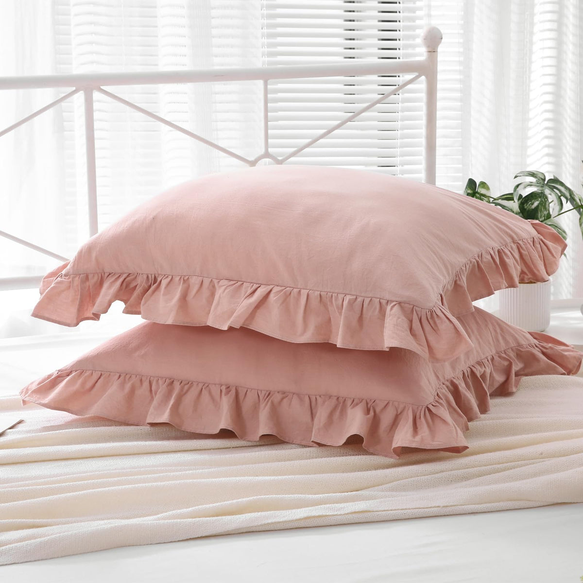 Mywinlle Dusty Rose Ruffle Euro Pillow Shams,Shabby 2 Pack Pillow Sham Covers Washed Cotton Pillow Cases (Dusty Pink,26''X26'')