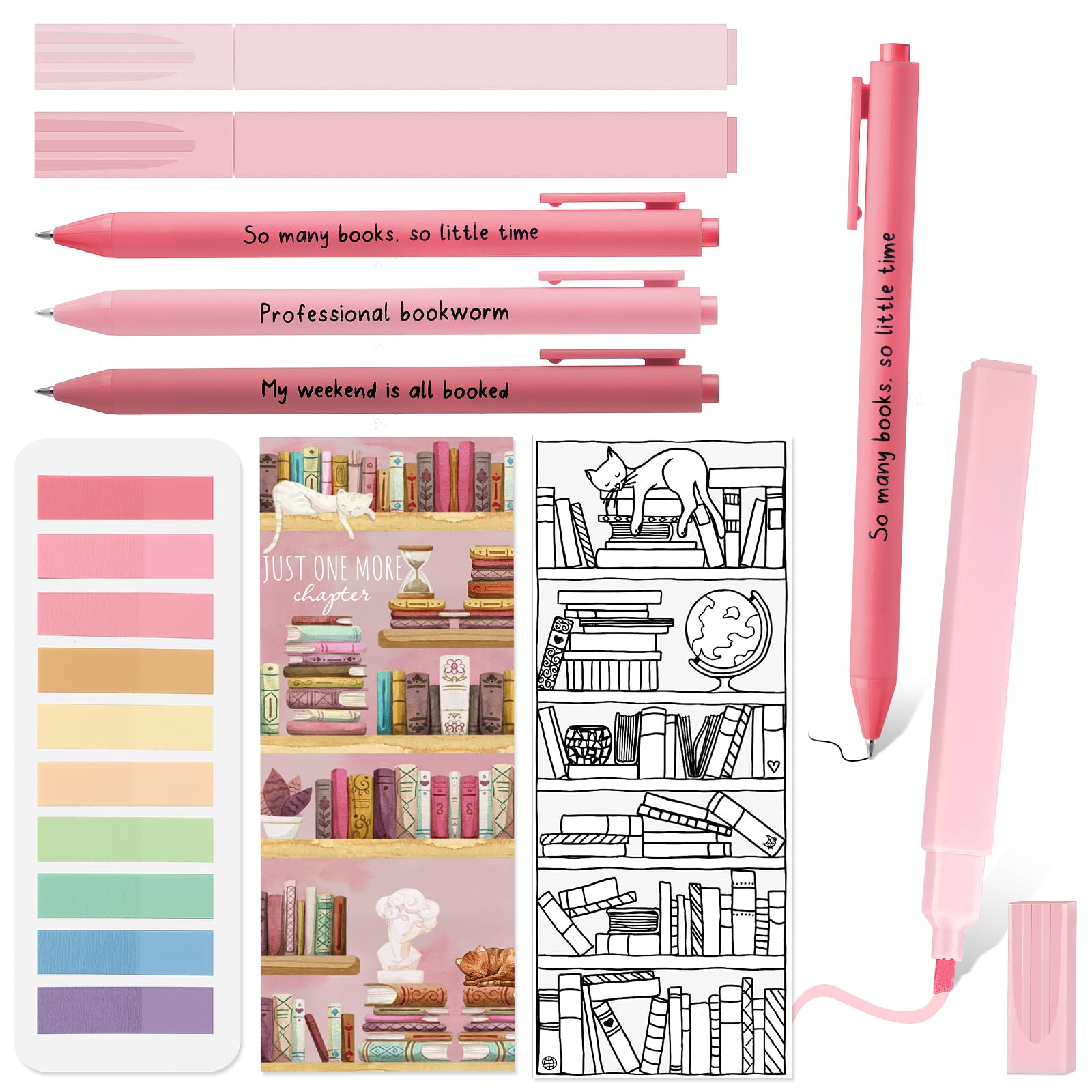 Spakon 7 Pcs Book Lover Gifts Morandi Ballpoint Pens Bible Highlighter Gel Pens Aesthetic Reading List Bookmark Sticky Notes Bac