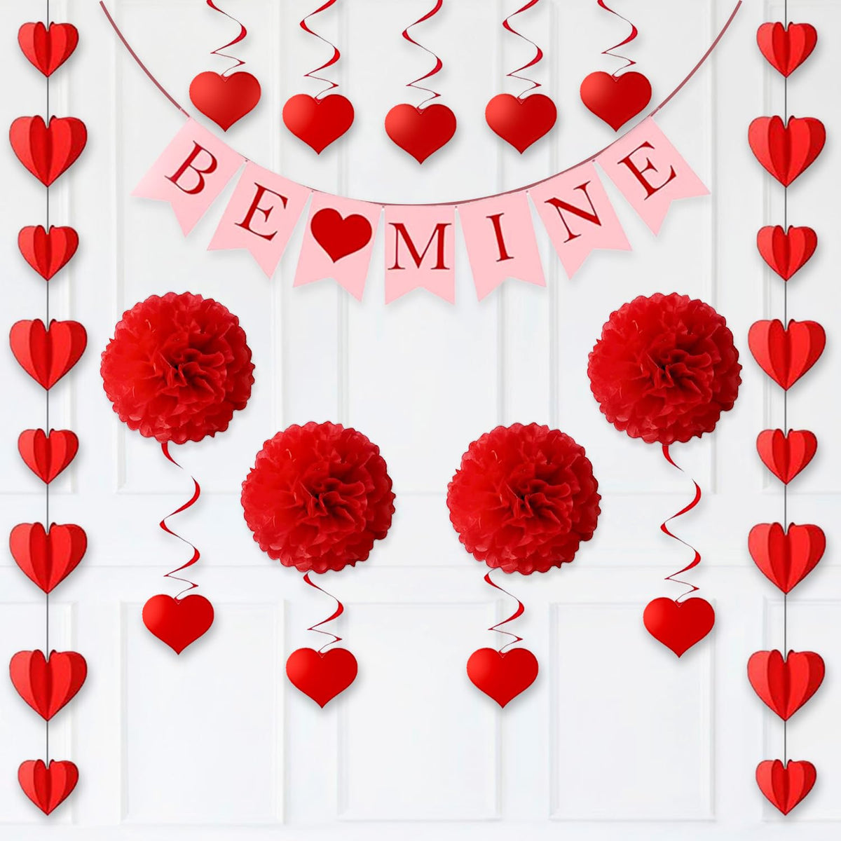 Party Propz Anniversary Decoration Items  13Pcs Heart Swirls Hanging, Heart Garland, Pom Pom Decoration Hanging And Be Mine Ban