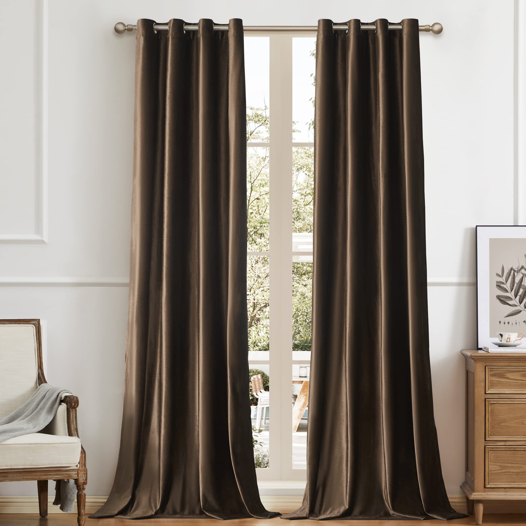 Bulbul Living Room Velvet Window Curtains 84 Inch Length- 2 Panels Brown Blackout Window Drapes Curtains Thermal Insulated Room