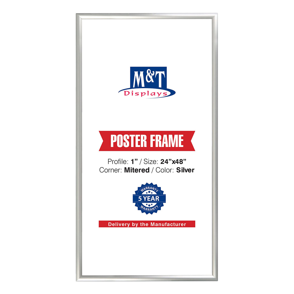 M&T Displays Snap Poster Frame 24x48 Inch Silver 1 Aluminum Profile Front Loading Wall Mounting Photo Picture Document Certifica