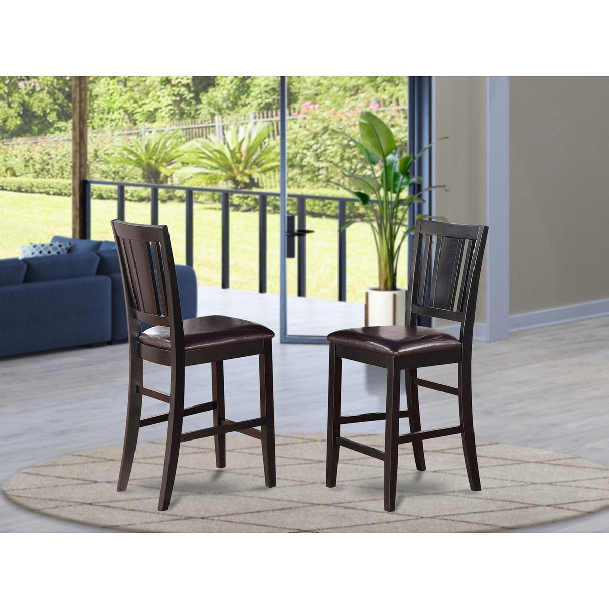 East West Furniture Buckland Counter Height Stools-Faux Leather Upholstered Wooden Chairs, Set of 2, Black