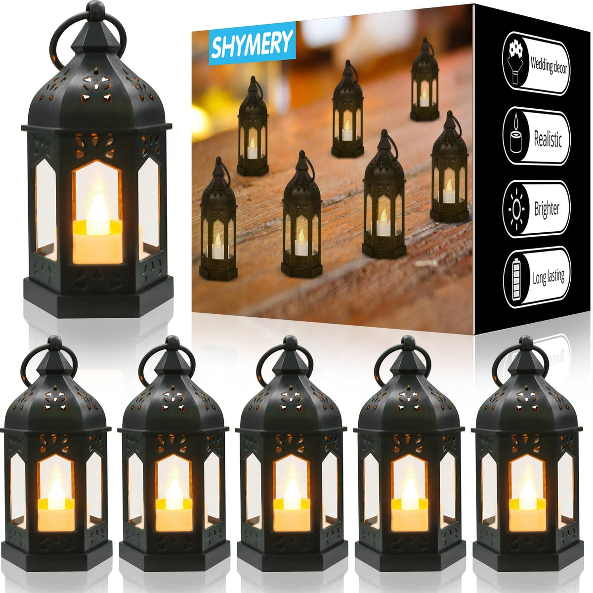 SHYMERY Mini Lantern with Flickering LED Candles,Vintage Black Decorative Hanging Candle Lanterns for Halloween,Wedding Decorations,Christmas,Table Centerpiece,Battery Included(Set of 6)