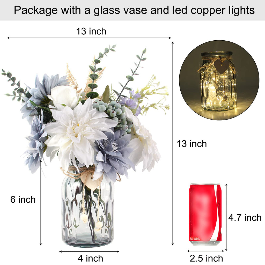 Faux Flowers In Vase, Artificial Flowers In Vase, Table Centerpieces For Dining Room, Silk Dusty Blue Rose Flower Centerpieces F
