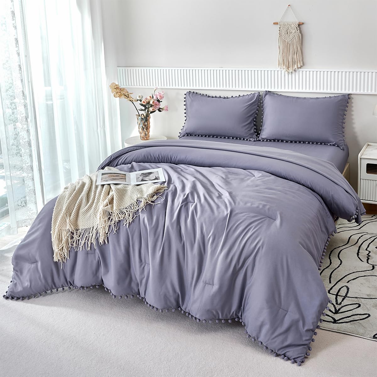 Perfemet 5-Piece Purple Bed In A Bag Queen Size Boho Cute Grayish Purple Pom Pom Comforter Set With Sheets Soft Lightweight Girl