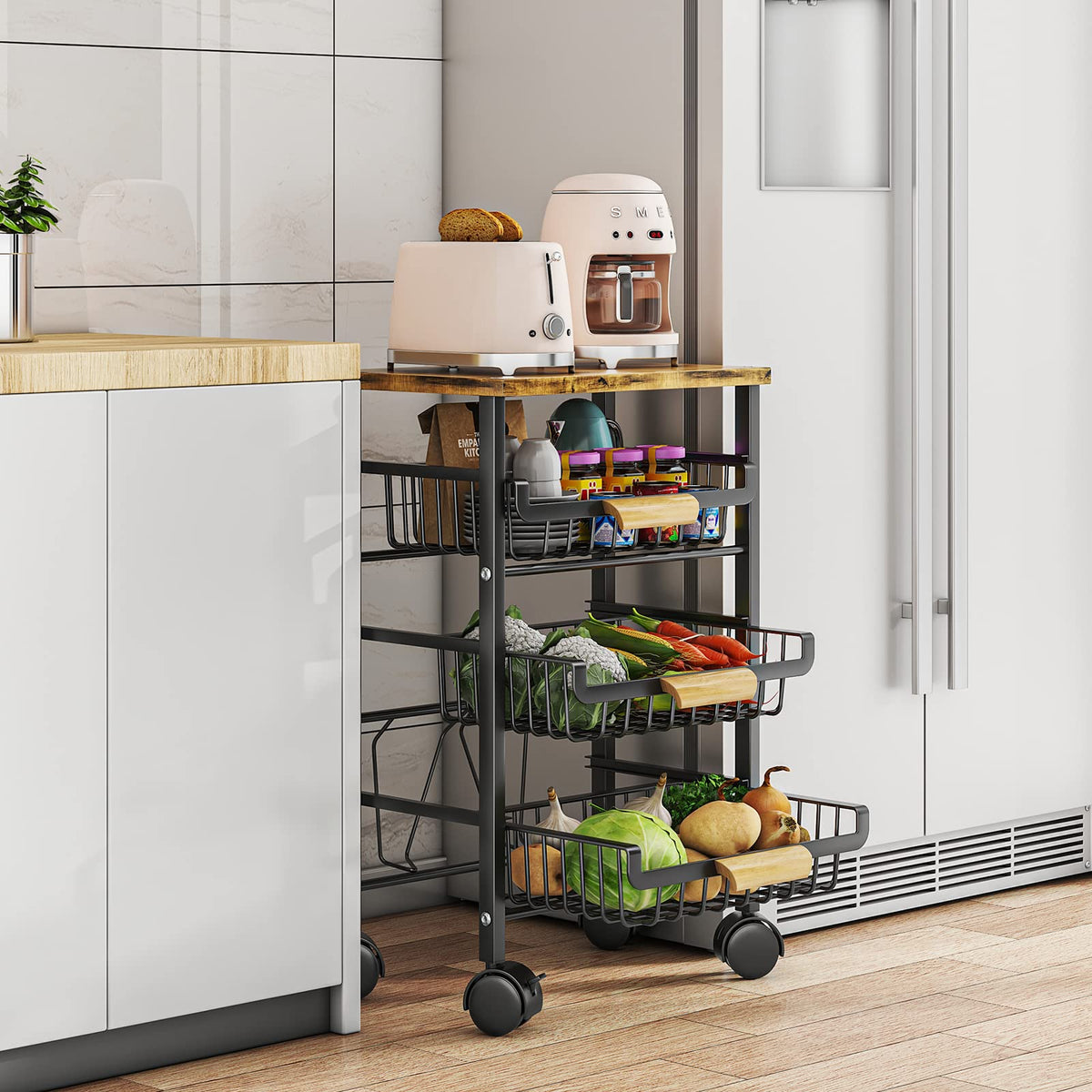 Wisdom Star 4 Tier Fruit Basket For Kitchen, Vegetable Storage Cart With Wooden Tabletop, Vegetable Basket Bins For Onions And P