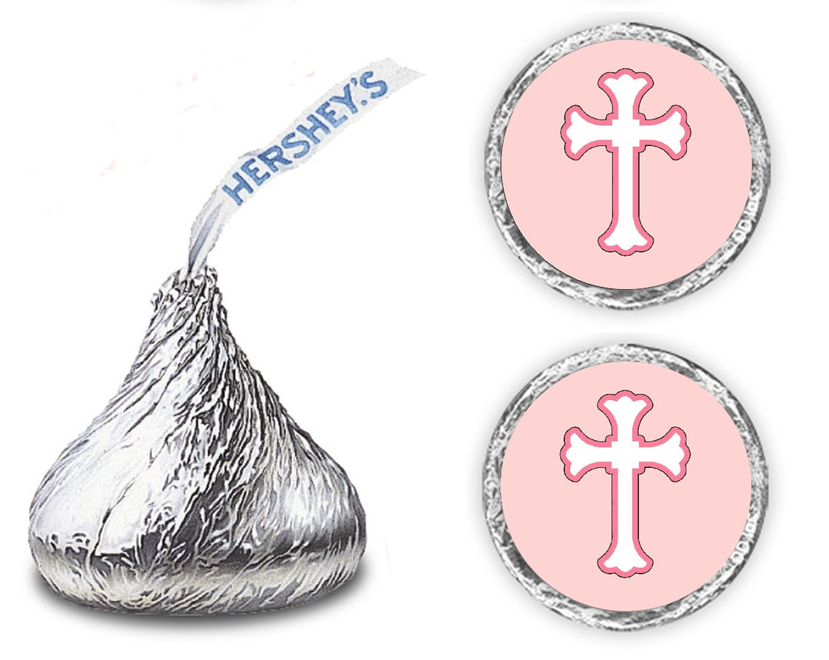 216 Pink Cross Kisses Stickers Labels - Cross for Baptism, Christening Decorations, Communion or Baby Shower, Kisses Labels Favo