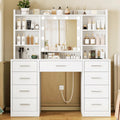 FIONESO Vanity Desk with Mirror and Lights, Power Outlet, Makeup Vanity with 9 Drawers & 6 Open Storage Shelves, 3 Lighting Mode